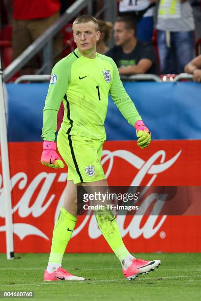 Goalkeeper Jordan Pickford of England looks on during the UEFA European Under-21 Championship Semi Final match between England and Germany at Tychy...