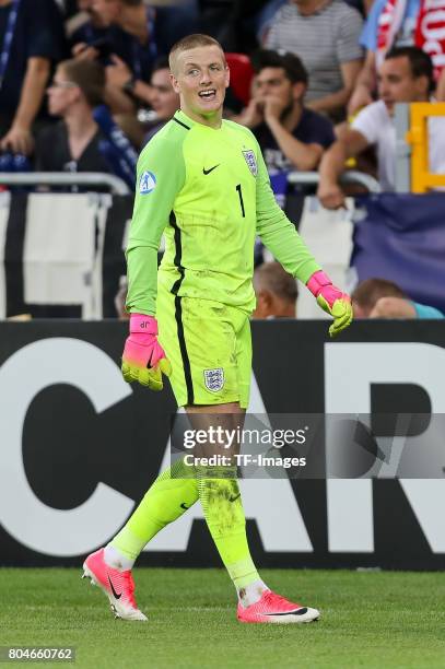 Goalkeeper Jordan Pickford of England looks on during the UEFA European Under-21 Championship Semi Final match between England and Germany at Tychy...