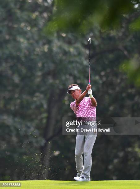 Kohki Idoki of Japan hits his second shot on the first hole during the second round of the 2017 U.S. Senior Open Championship at Salem Country Club...