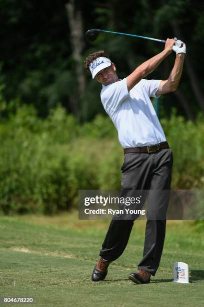 Michael Letzig tees off on the second hole during the second round of the Web.com Tour Nashville Golf Open Benefitting the Snedeker Foundation at...
