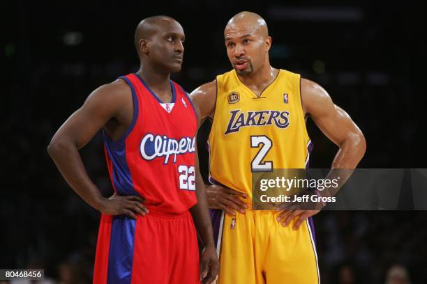 Derek Fisher of the Los Angeles Lakers talks with Brevin Knight of the Los Angeles Clippers during the game at Staples Center on March 7, 2008 in Los...