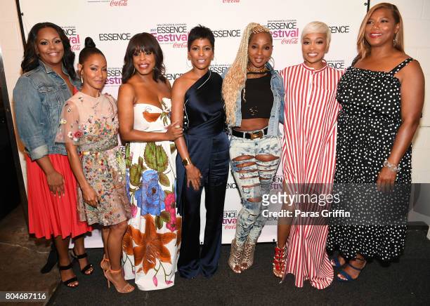 Kristi Henderson, Jada Pinkett Smith, Niecy Nash, Tamron Hall, Mary J. Blige, Monica and Queen Latifah pose backstage at the 2017 ESSENCE Festival...