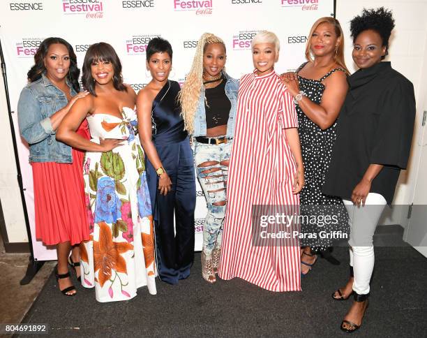 Kristi Henderson, Niecy Nash, Tamron Hall, Mary J. Blige, Monica, Queen Latifah and Dee Rees pose backstage at the 2017 ESSENCE Festival presented by...