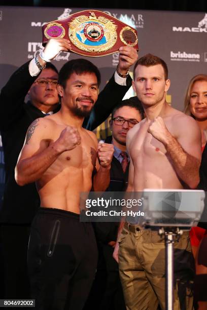 Manny Pacquiao and Jeff Horn face off after the weigh in ahead of the title fight between Jeff Horn and Manny Pacquiao at Suncorp Stadium on July 1,...