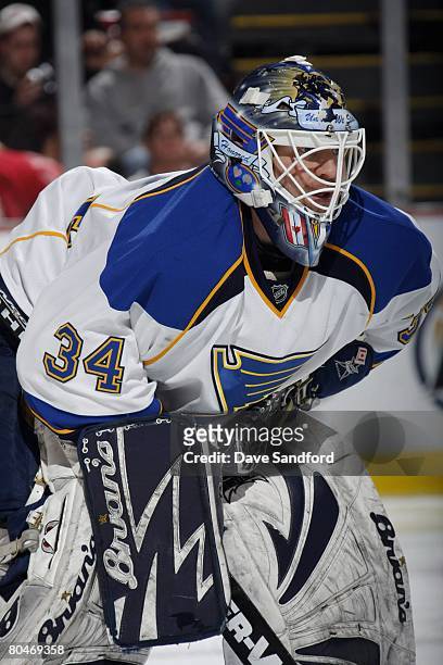 Goaltender Manny Legace of the St. Louis Blues looks on during the NHL game against the Detroit Red Wings at Joe Louis Arena March 28, 2008 in...