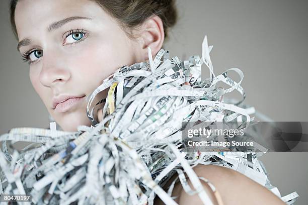 portrait of a woman wearing a recycled accessories - shredded newspaper stock pictures, royalty-free photos & images