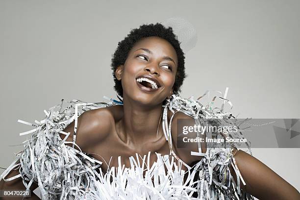 portrait of a woman wearing recycled accessories - shredded newspaper stock pictures, royalty-free photos & images