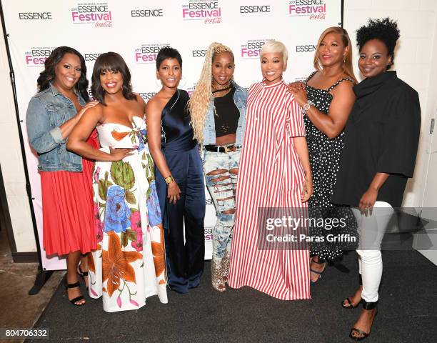 Kristi Henderson, Niecy Nash, Tamron Hall, Mary J. Blige, Monica, Queen Latifah and Dee Rees pose backstage at the 2017 ESSENCE Festival presented by...