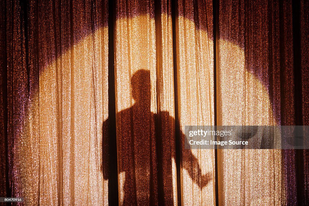 Shadow of a person on a stage curtain