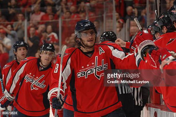 Alex Ovechkin of the Washington Capitals celebrates teams second goal during a hockey game against the Carolina Hurricanes at the Verizon Center...
