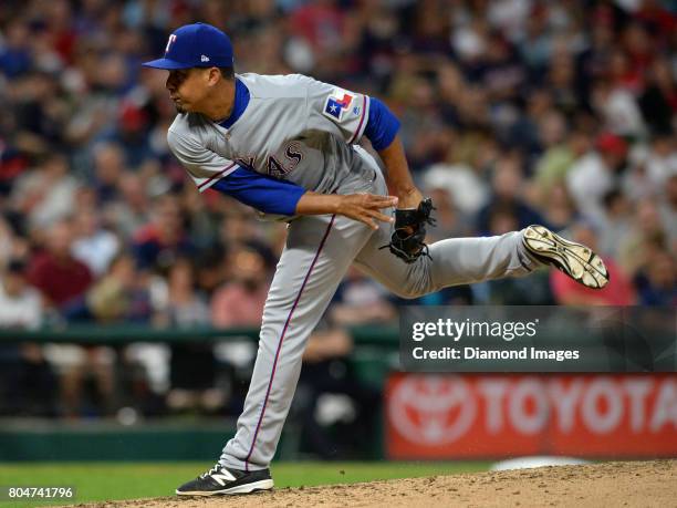 Pitcher Ernesto Frieri of the Texas Rangers throws a pitch in the bottom of the seventh inning of a game on June 28, 2017 against the Cleveland...