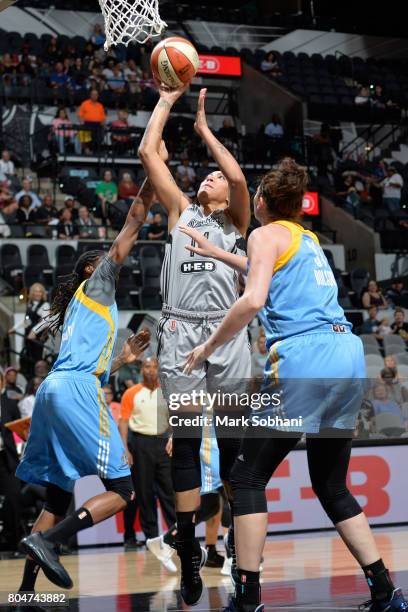 Erika de Souza of the San Antonio Stars goes to the basket against the Chicago Sky on June 30, 2017 at the AT&T Center in San Antonio, Texas. NOTE TO...