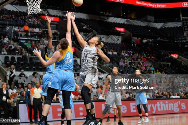 Erika de Souza of the San Antonio Stars goes to the basket against the Chicago Sky on June 30, 2017 at the AT&T Center in San Antonio, Texas. NOTE TO...