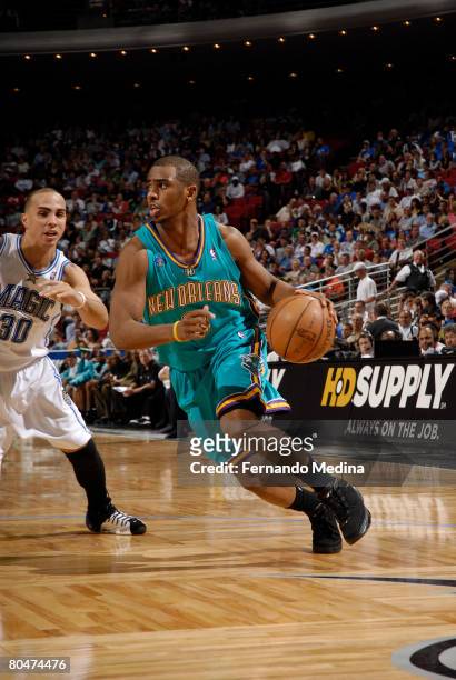 Chris Paul of the New Orleans Hornets drives against the Orlando Magic at Amway Arena on April 1, 2008 in Orlando, Florida. NOTE TO USER: User...