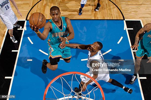 Chris Paul of the New Orleans Hornets shoots against the Orlando Magic at Amway Arena on April 1, 2008 in Orlando, Florida. NOTE TO USER: User...