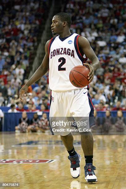 Jeremy Pargo of the Gonzaga Bulldogs dribbles the ball against the Davidson Wildcats during the 1st round of the 2008 NCAA Men's Basketball...