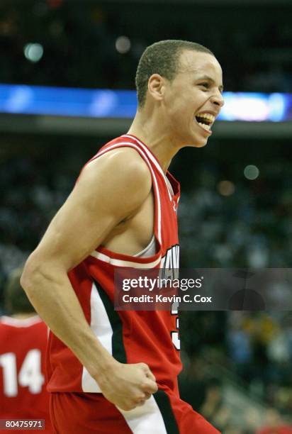 Stephen Curry of the Davidson Wildcats celebrates against the Gonzaga Bulldogs during the 1st round of the 2008 NCAA Men's Basketball Tournament on...