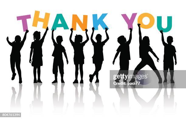 children silhouette holding letters colored of the word thank you - thank you stock illustrations