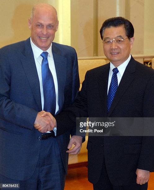 Treasury Secretary Henry Paulson meets with Chinese President Hu Jintao at the Great Hall of the People on April. 2, 2008 in Beijing, China. Paulson...