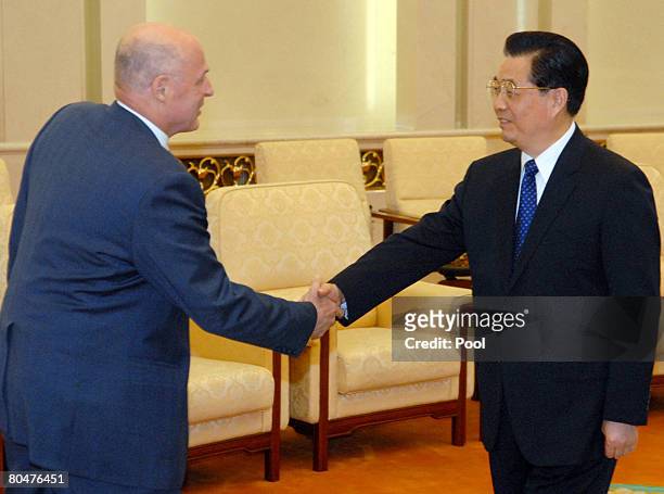 Treasury Secretary Henry Paulson meets with Chinese President Hu Jintao at the Great Hall of the People on April. 2, 2008 in Beijing, China. Paulson...