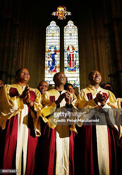 The Festival of Life Gospel Choir rehearse at Westminster Abbey on April 2, 2008 in London. The Choir will take part in a special 'Service of Hope'...