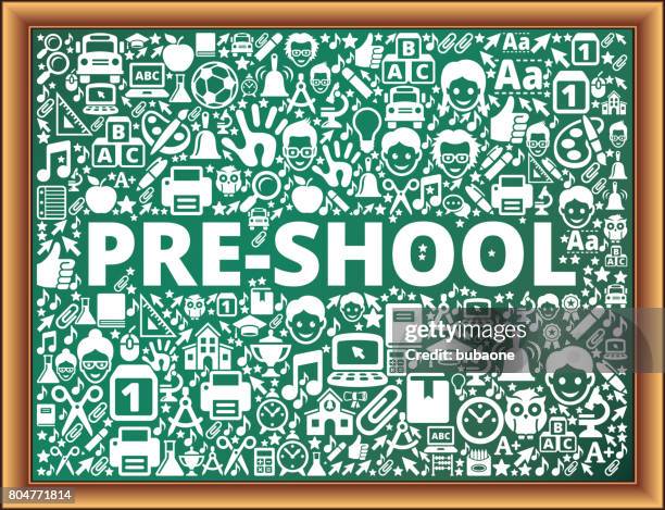 pre-shool school and education vector icons on chalkboard - school-assembly-hall stock illustrations