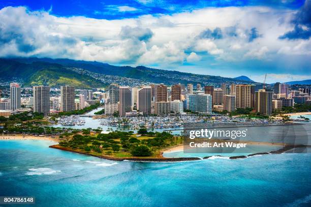 antena de horizonte de honolulu hawaii - honolulú fotografías e imágenes de stock