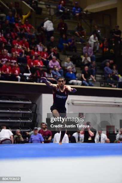 Akash Modi of Stanford University competes in the Floor Exercise event during the Division I Men's Gymnastics Championship held at the Holleder...