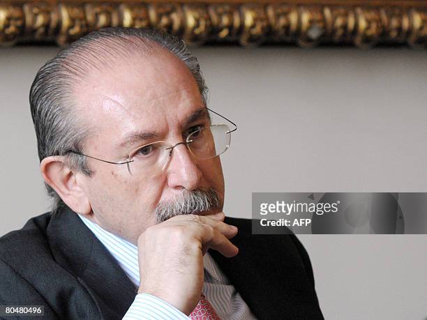 Spanish construction group Sacyr Vallehermoso chief Luis Del Rivero speaks during a press conference at his lawyers' office in Paris on April 2,...