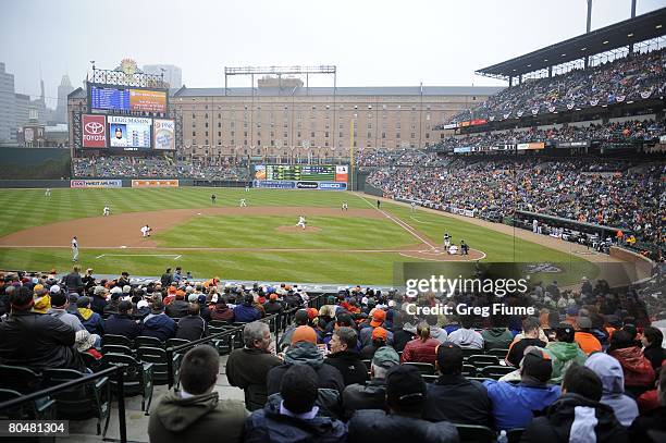 General view as Jeremy Guthrie of the Baltimore Orioles pitches against the Tampa Bay Rays on Opening Day on March 31, 2008 at Camden Yards in...