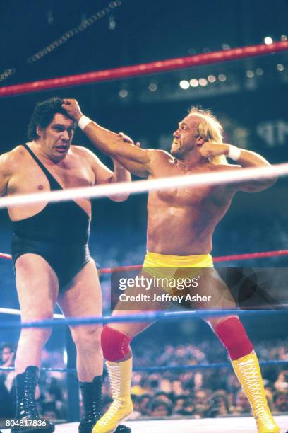 Hulk Hogan vs Andre the Giant at Wrestlemania IV at at the Atlantic City Convention Hall in Atlantic City, New Jersey, 27th March 1988.