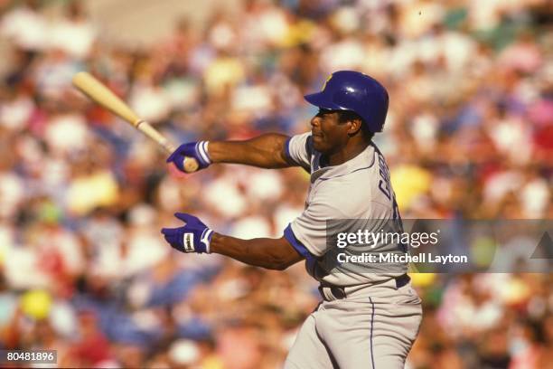 Ken Griffey Sr. #30 of the Seattle Mariners bats during a baseball game against the Baltimore Orioles on September 10, 1990 at Camden Yards in...