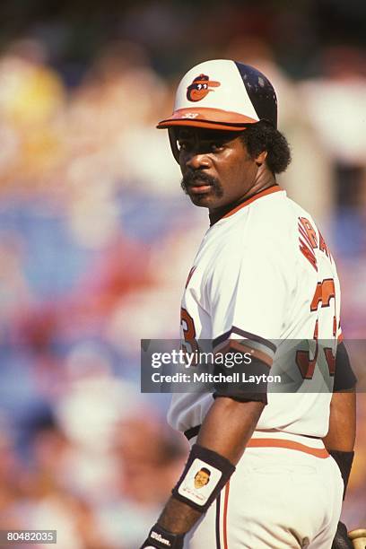 Eddie Murray of the Baltimore Orioles looks on during a baseball game on May 8, 1988 at Memorial Stadium in Baltimore, Maryland.