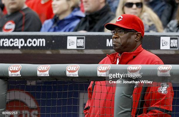 Dusty Baker of the Cincinnati Reds watches the action during the game against the Arizona Diamondbacks at Great American Ball Park in Cincinnati,...