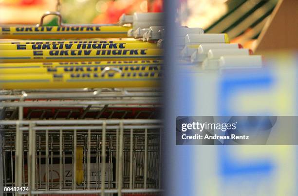 Supermarket trolleys of German discount grocery chain Edeka are lined up on April 2, 2008 in Berlin, Germany. According to an investigation by the...