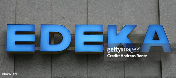 Sign indicates the location of a supermarket of German discount grocery chain Edeka on April 2, 2008 in Berlin, Germany. According to an...