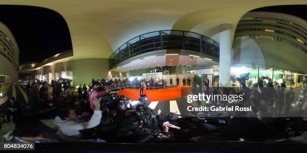 View of the red carpet as Uruguayan soccer player Luis Suarez and his wife Sofia Balbi pose for pictures during Lionel Messi and Antonela Rocuzzo's...