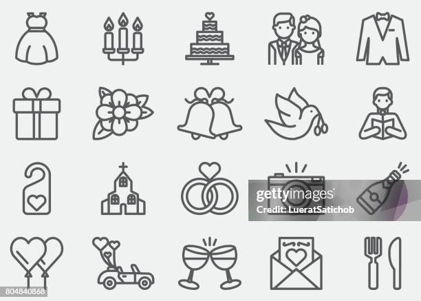 ilustrações de stock, clip art, desenhos animados e ícones de wedding line icons - ramo-de-flores