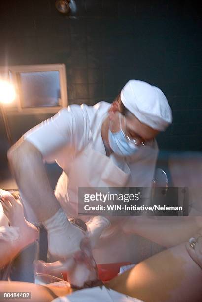 doctor holding newborn baby boy during childbirth in delivery room - male crotch stock pictures, royalty-free photos & images