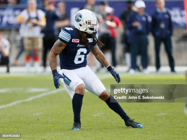 Marcus Ball of the Toronto Argonauts drops into coverage against the Hamilton Tiger-Cats during a CFL game at BMO Field on June 25, 2017 in Toronto,...