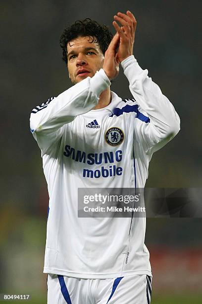 Michael Ballack of Chelsea applaudes the Chelsea fans as he leaves the pitch after losing the UEFA Champions League Quarter Final 1st Leg match...