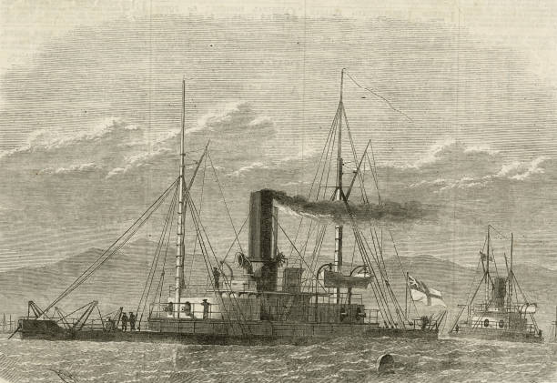An engraving of HMS Abyssinia an armoured breastwork monitor of the Royal Navy designed by Sir Edward Reed armed with 4 turret mounted 10-inch rifled...