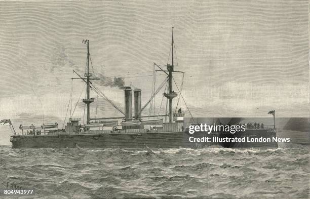 An engraving of HMS Royal Sovereign a Royal Sovereign-class pre-dreadnought battleship at sea as the flagship of the Channel Fleet following her...