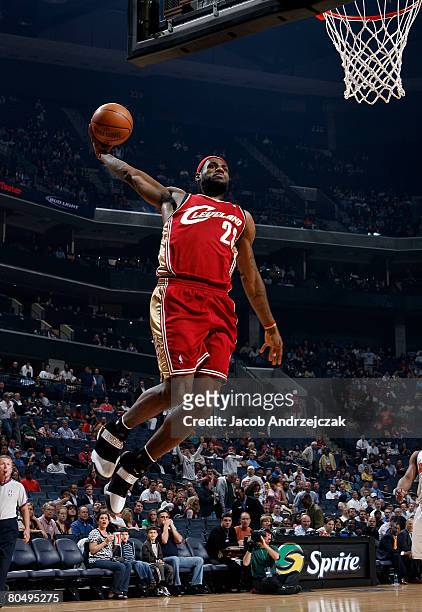 LeBron James of the Cleveland Cavaliers shoots against the Charlotte Bobcats on April 2, 2008 at the Charlotte Bobcats Arena in Charlotte, North...