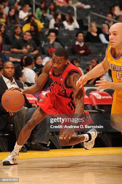 Mike Taylor of the Idaho Stampede drives to the basket against Brian Morrison of the Los Angeles D-Fenders at Staples Center on April 2, 2008 in Los...
