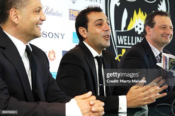 Ross Aloisi captain of the Phoenix announces his retirement to the media with Terry Serepisos owner of the Phoenix and CEO Tony Pignata during a...