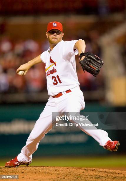 Relief pitcher Ryan Franklin of the St. Louis Cardinals throws against the Colorado Rockies on April 2, 2008 at Busch Stadium in St. Louis, Missouri.