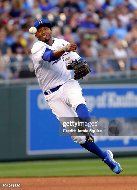 Shortstop Alcides Escobar of the Kansas City Royals throws toward first base during the game against the Minnesota Twins at Kauffman Stadium on June...