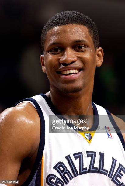Rudy Gay of the Memphis Grizzlies smiles during a game against the New York Knicks on April 2, 2008 at the FedExForum in Memphis, Tennessee. NOTE TO...
