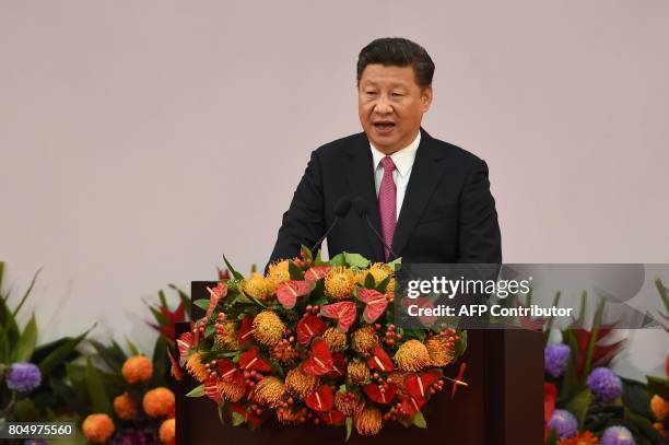 China's President Xi Jinping gives a speech following the swearing in of Hong Kong's new Chief Executive Carrie Lam as the territory's new leader...